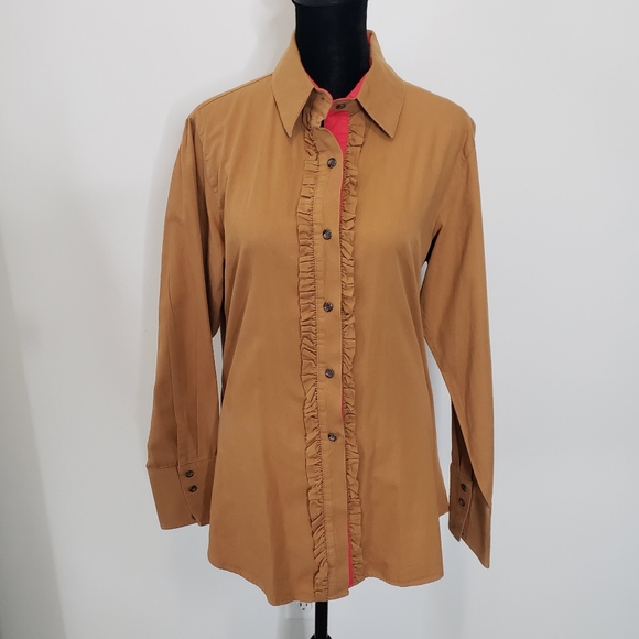 King Ranch Womens Western Button Up Top Ruffle Cowgirl Rodeo Size XL Camel - Picture 5 of 10